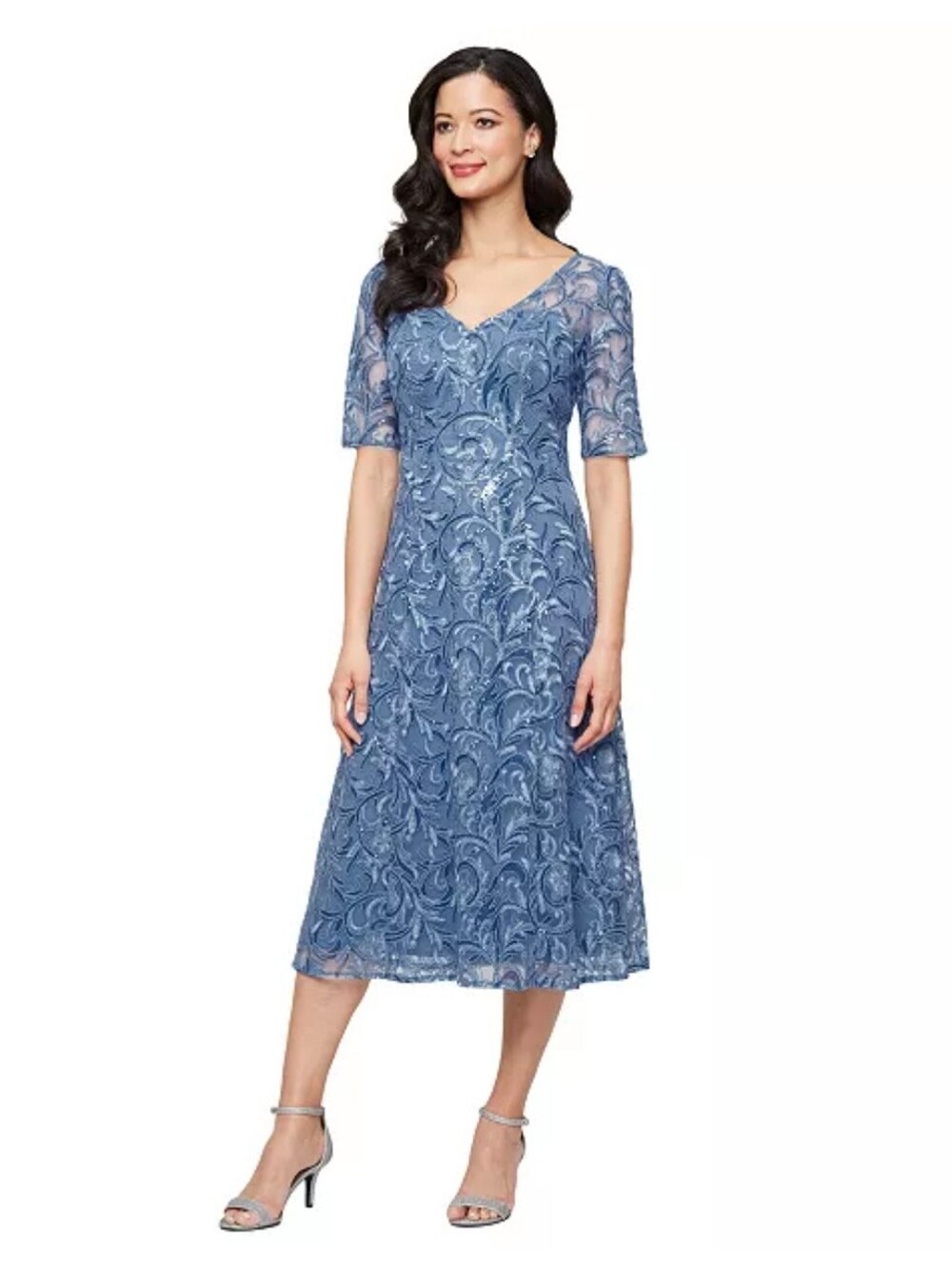 Alex Evenings NWT $199 Size 14 Dusty Blue Sequin Lace Midi Dress Wedding Formal